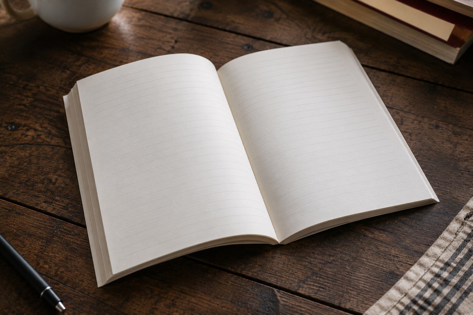 Amberlane House notebook open on a wooden desk, showing ruled interior pages